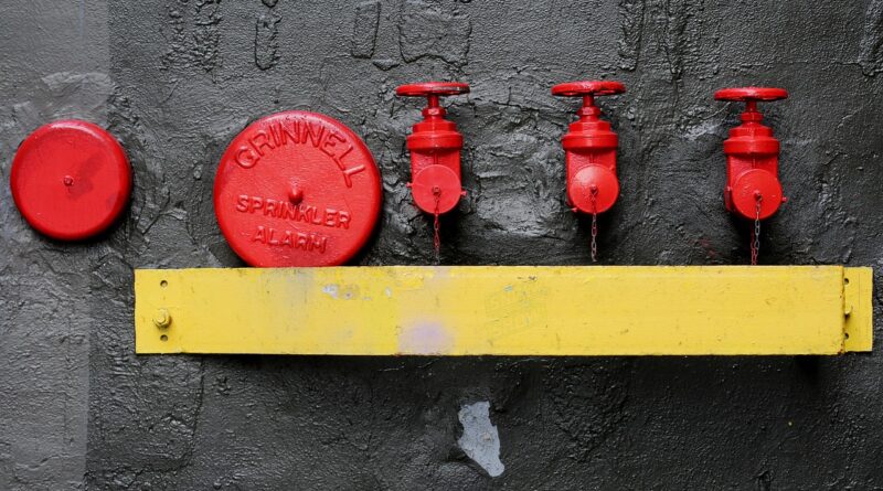 valves, sprinkler, water, pipe, nature, pressure, pipeline, technology, emergency, plumbing, control, safety, fire hydrant, alarm, sprinklers, red, yellow, wall, gray fire, gray emergency, gray safety