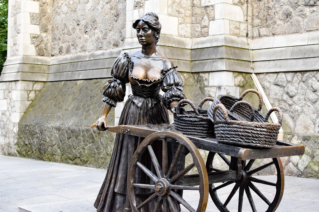molly malone, statue, attraction, fiskmadam, baskets, cart, dublin, ireland, molly malone, dublin, dublin, dublin, dublin, dublin